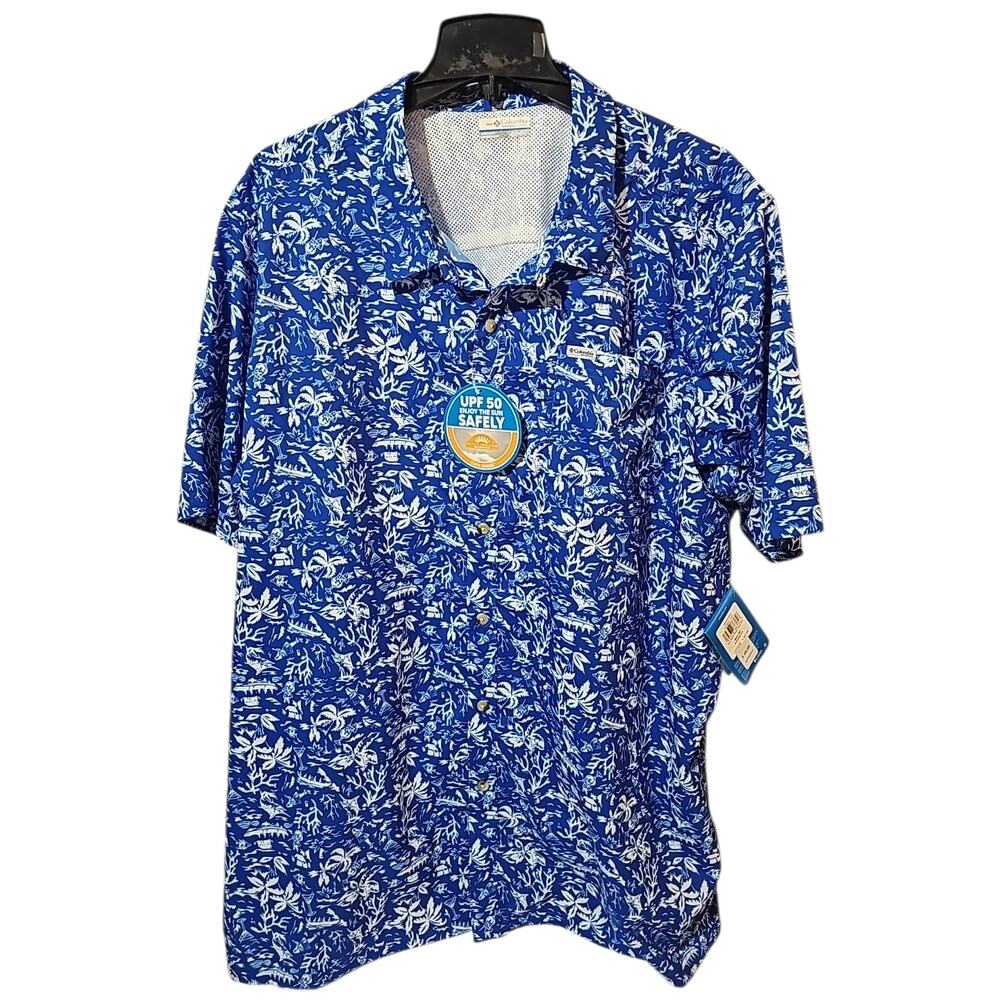 NWT Columbia PFG Button Up Shirt Men's 3XT Blue Fishing Hawaiian Print